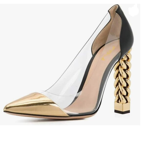 FSJ Shoes - FSJ Gold Clear Gold Metal Chain Chunky High Heel Pointed Toe Slip On Pumps